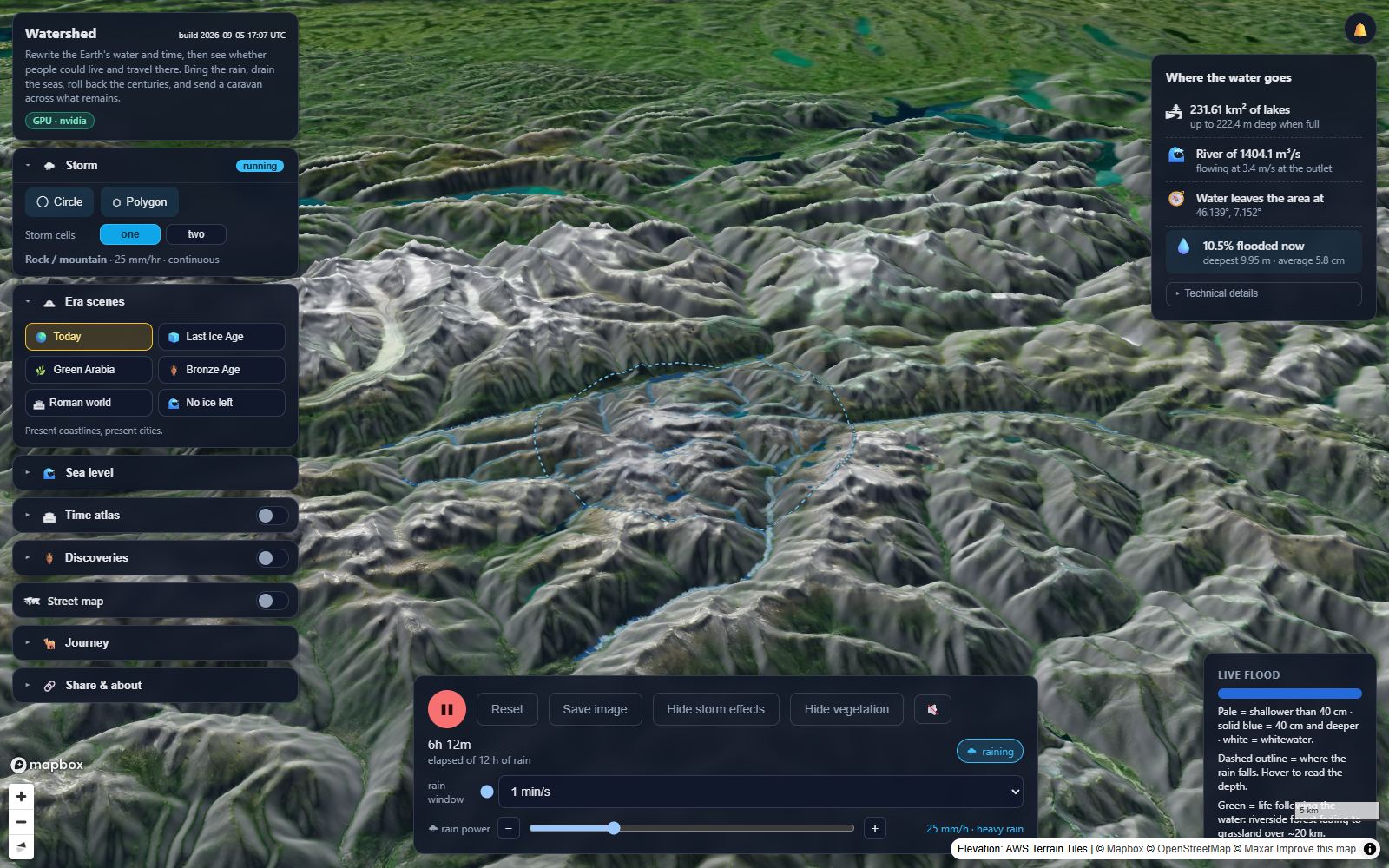 Watershed: a cloudburst over Alpine terrain, rain shafts and cloud shadows over the ground, water gathering in the valleys