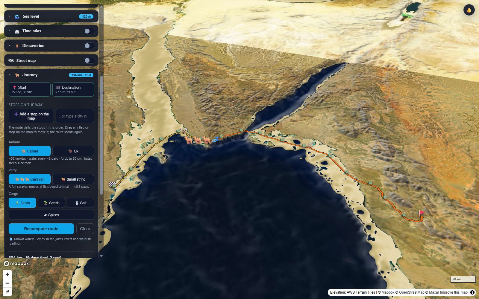 At the Ice Age sea level a camel caravan crosses from Arabia to Egypt over the Strait of Tiran and the dry Gulf of Suez