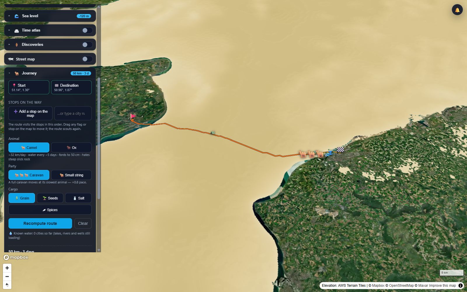 A walking route from Dover to Calais across the dry Channel floor at Ice Age sea level