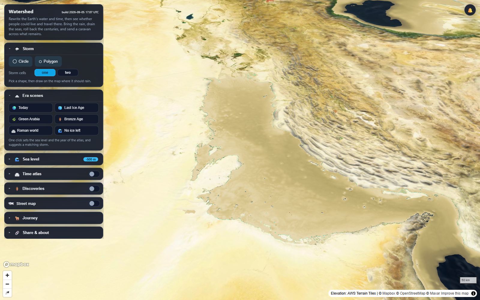 The floor of the Persian Gulf exposed with the sea lowered by 500 metres